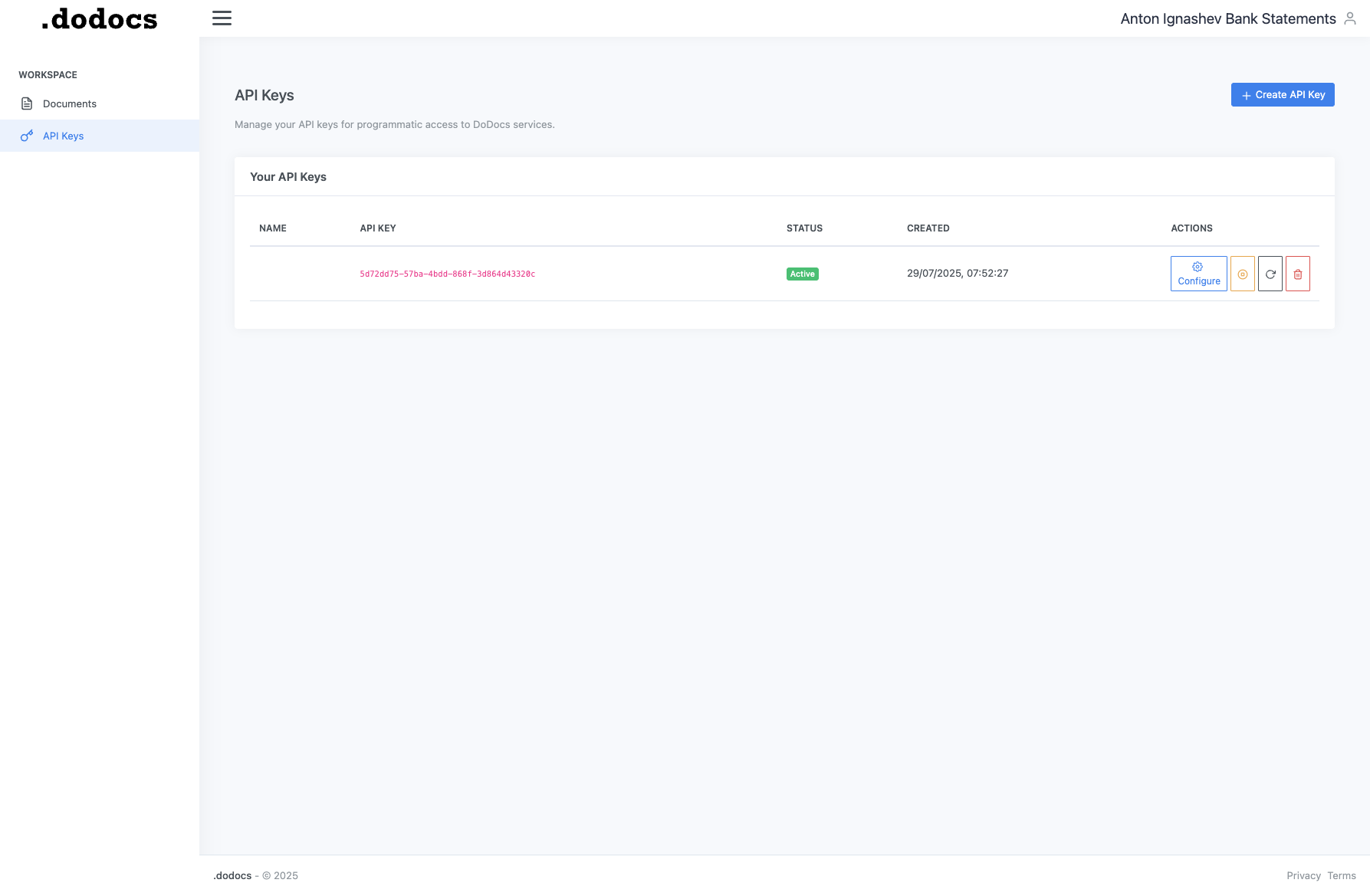 API Keys Page